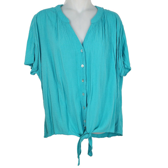 Chico's Tops - Chico's Top Womens Size 0 Small Crinkle Button Down Tie Front Short Sleeve Teal